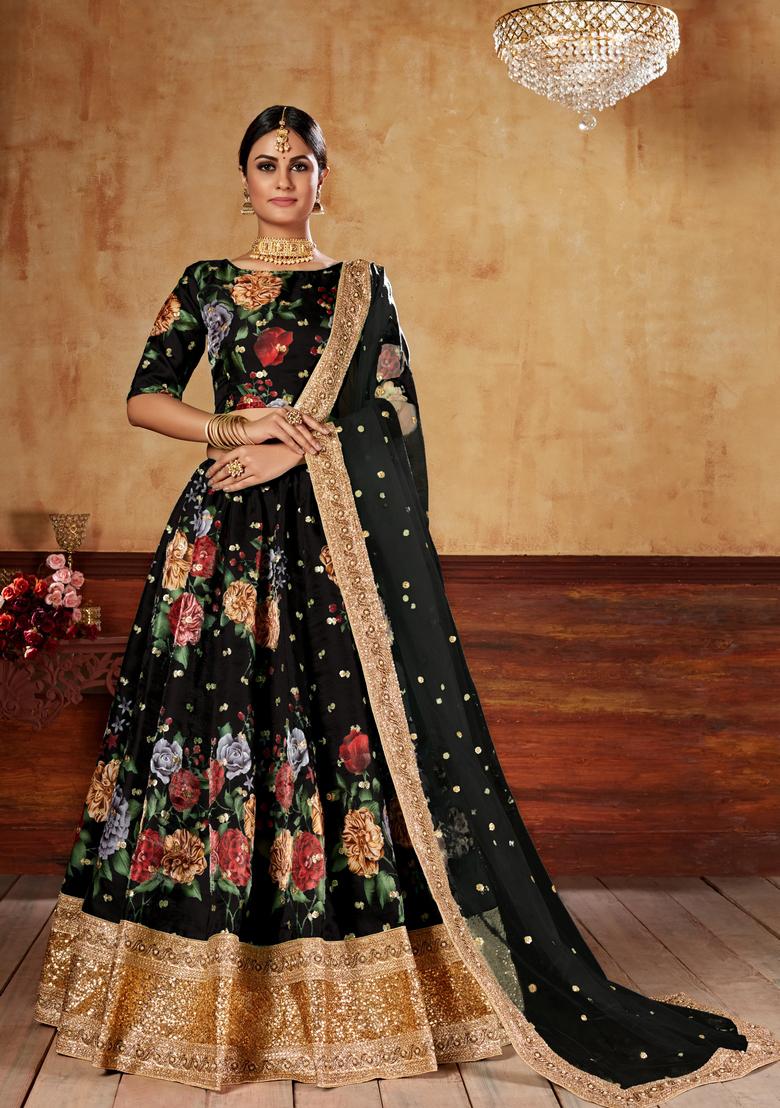 Black Digital Printed Silk Lehenga Set