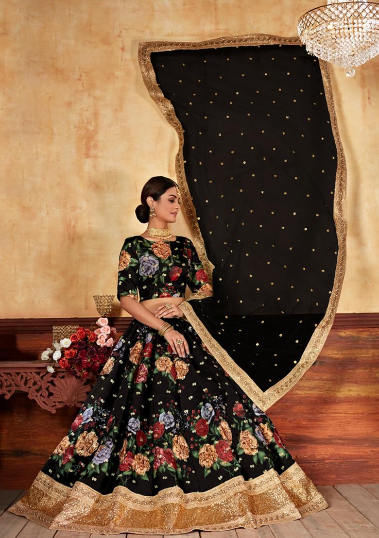 Black Digital Printed Silk Lehenga Set