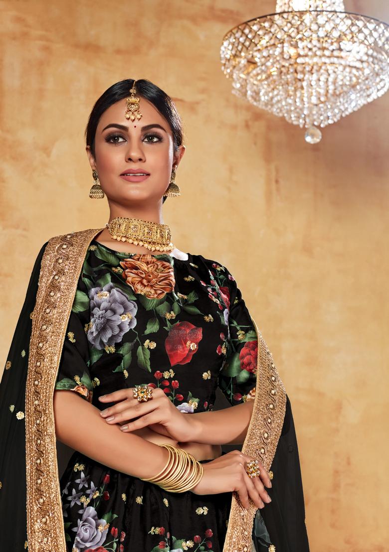 Black Digital Printed Silk Lehenga Set