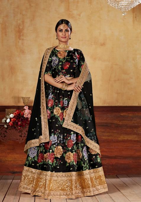 Black Digital Printed Silk Lehenga Set