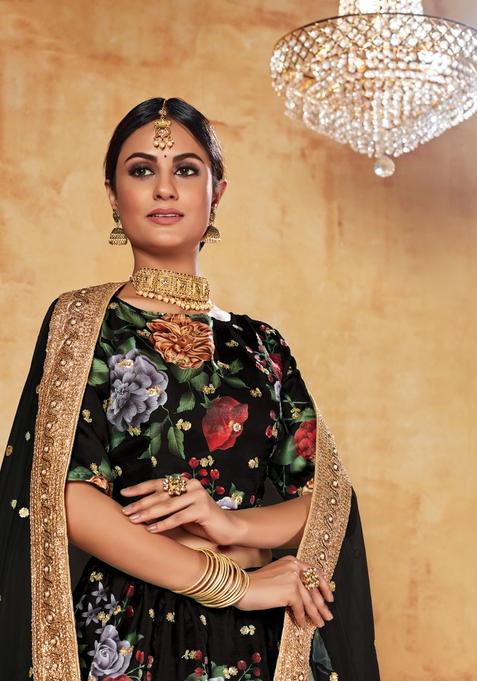 Black Digital Printed Silk Lehenga Set
