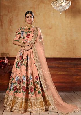 Orange Digital Printed Silk Lehenga Set