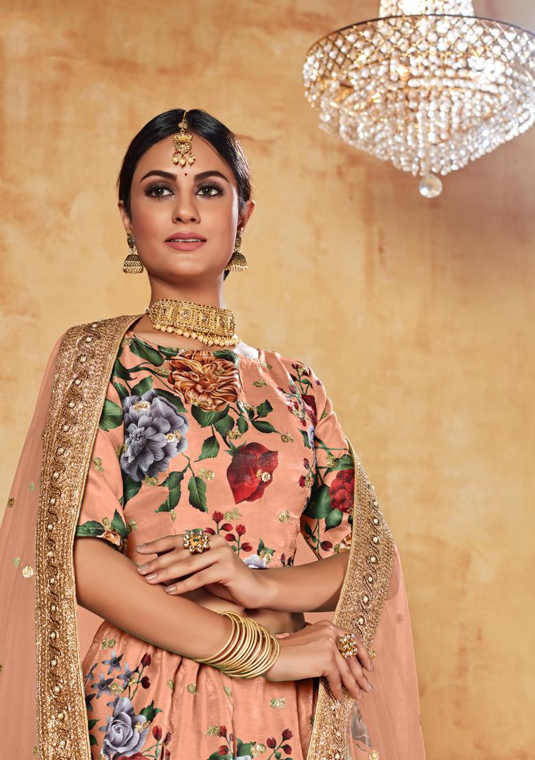 Orange Digital Printed Silk Lehenga Set - Indya