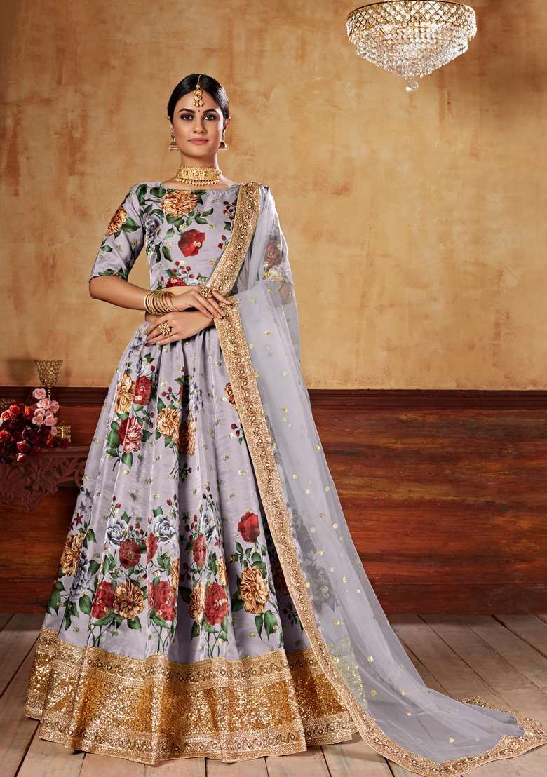Grey Digital Printed Silk Blend Lehenga Set for Diwali and Festive Wear - Indya