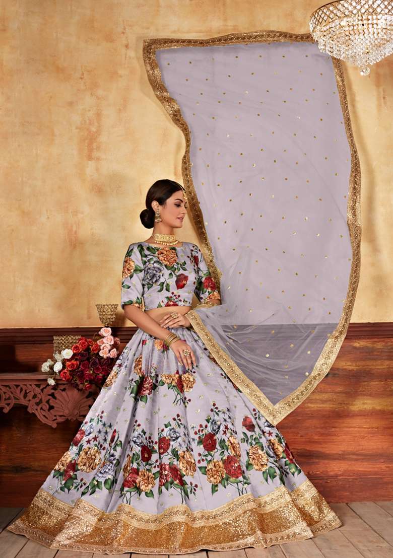 Grey Digital Printed Silk Blend Lehenga Set for Diwali and Festive Wear - Indya