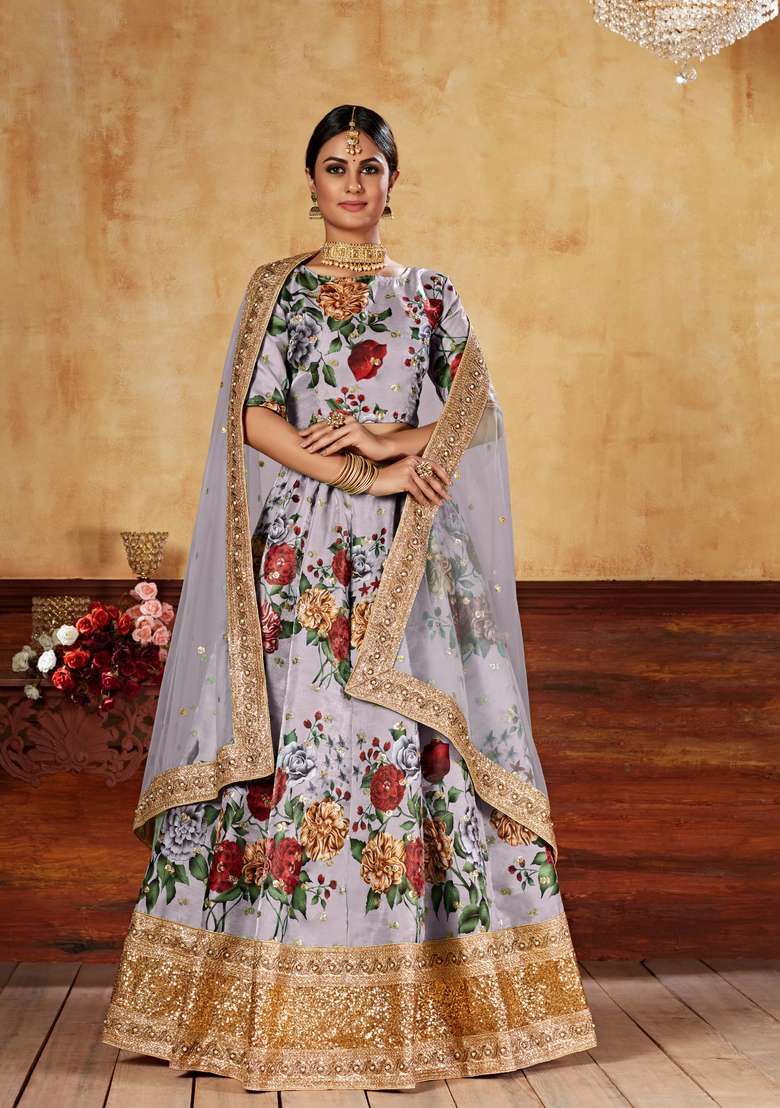 Grey Digital Printed Silk Blend Lehenga Set for Diwali and Festive Wear - Indya