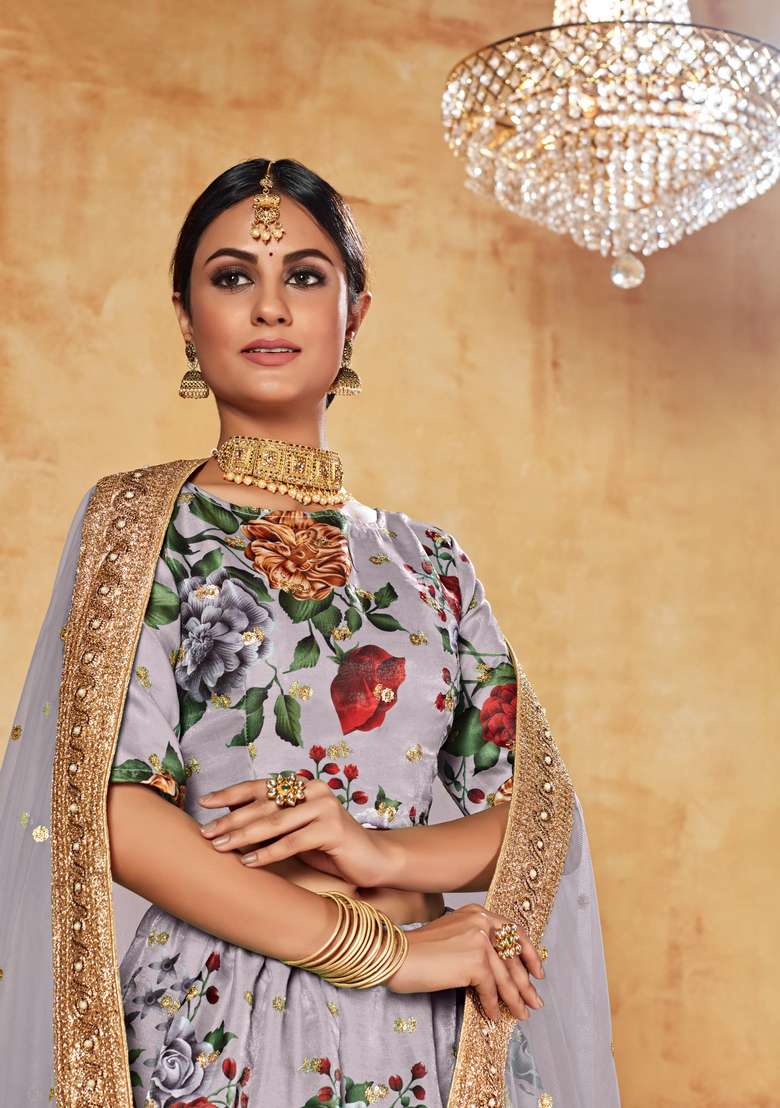 Grey Digital Printed Silk Blend Lehenga Set for Diwali and Festive Wear - Indya