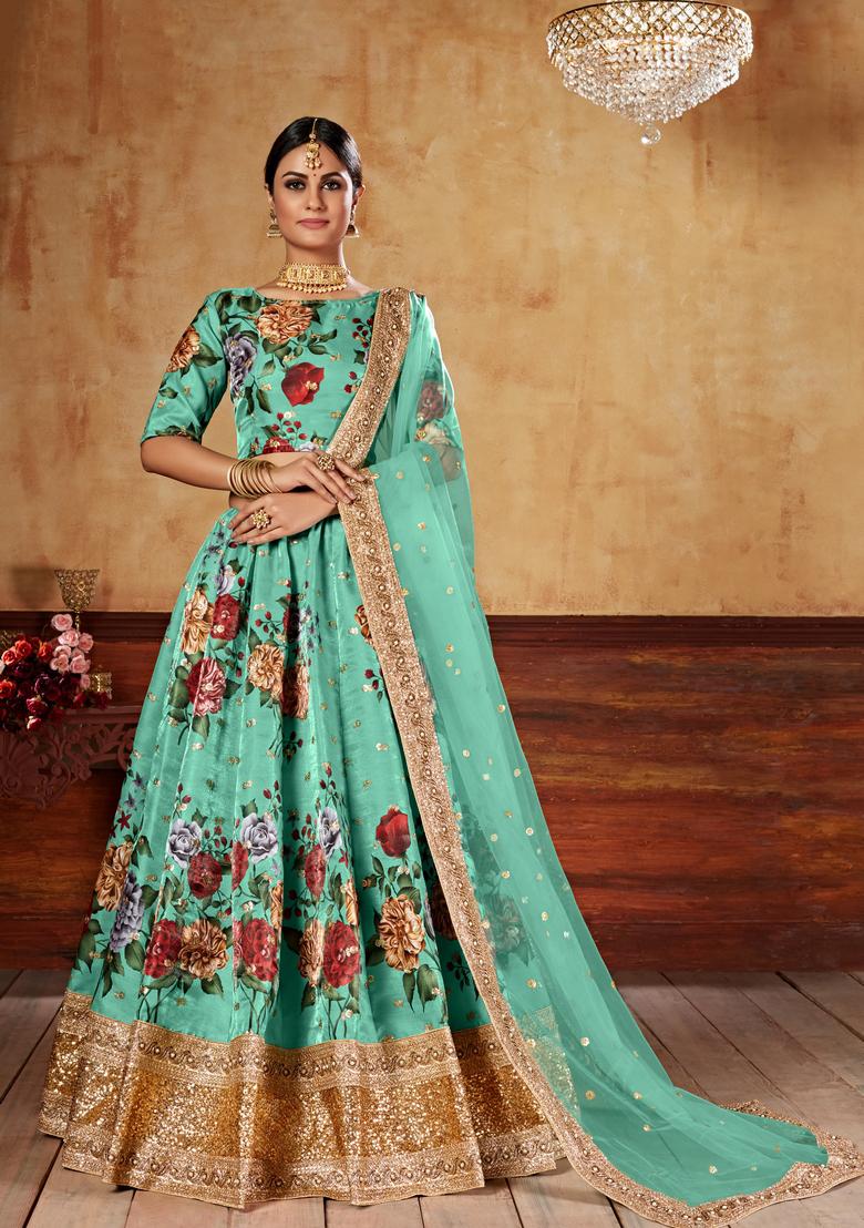 Green Digital Printed Silk Lehenga Set