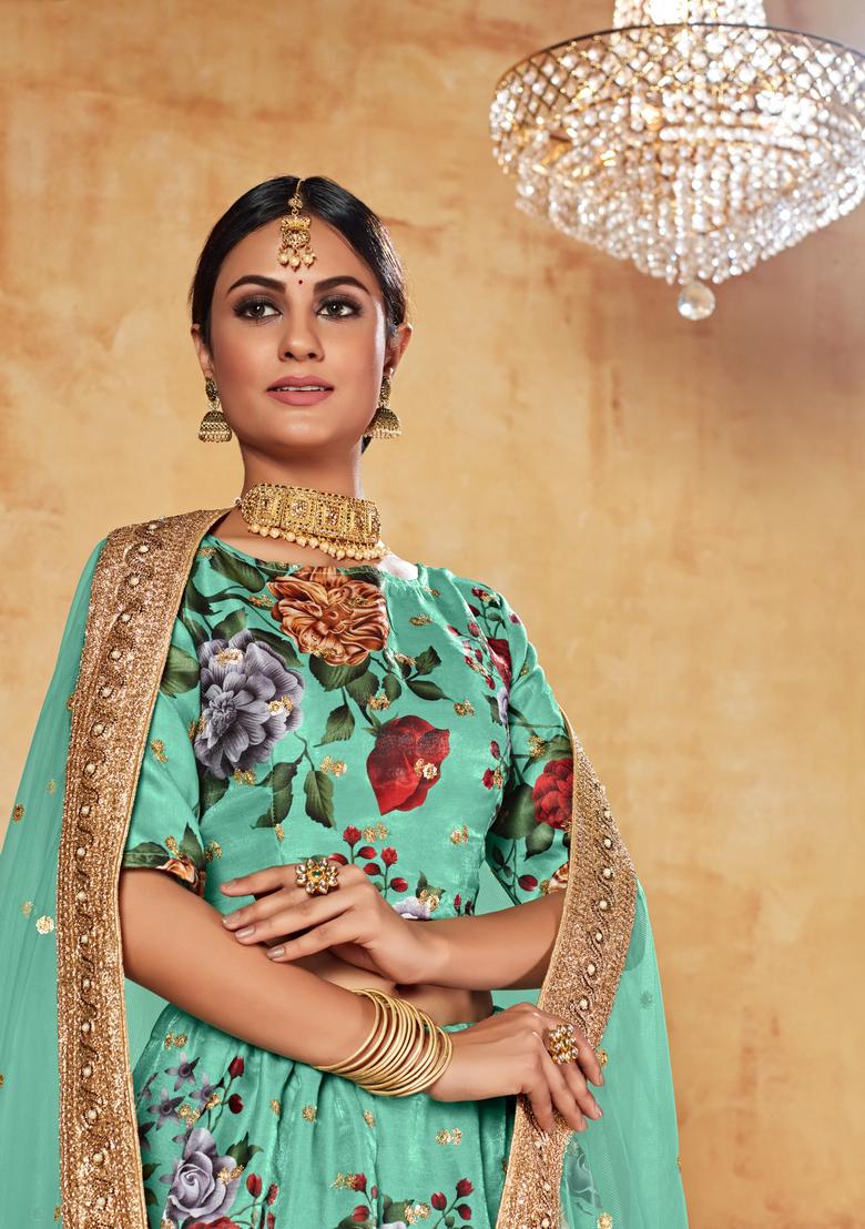 Green Digital Printed Silk Lehenga Set