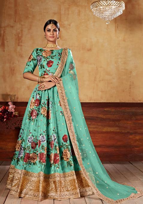Green Digital Printed Silk Lehenga Set