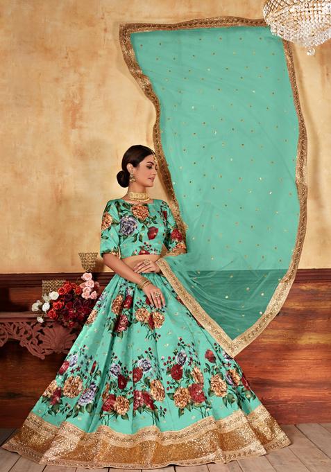 Green Digital Printed Silk Lehenga Set