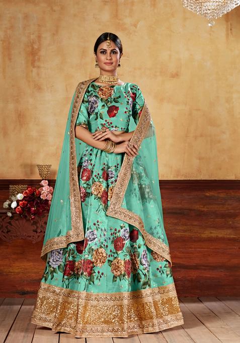 Green Digital Printed Silk Lehenga Set