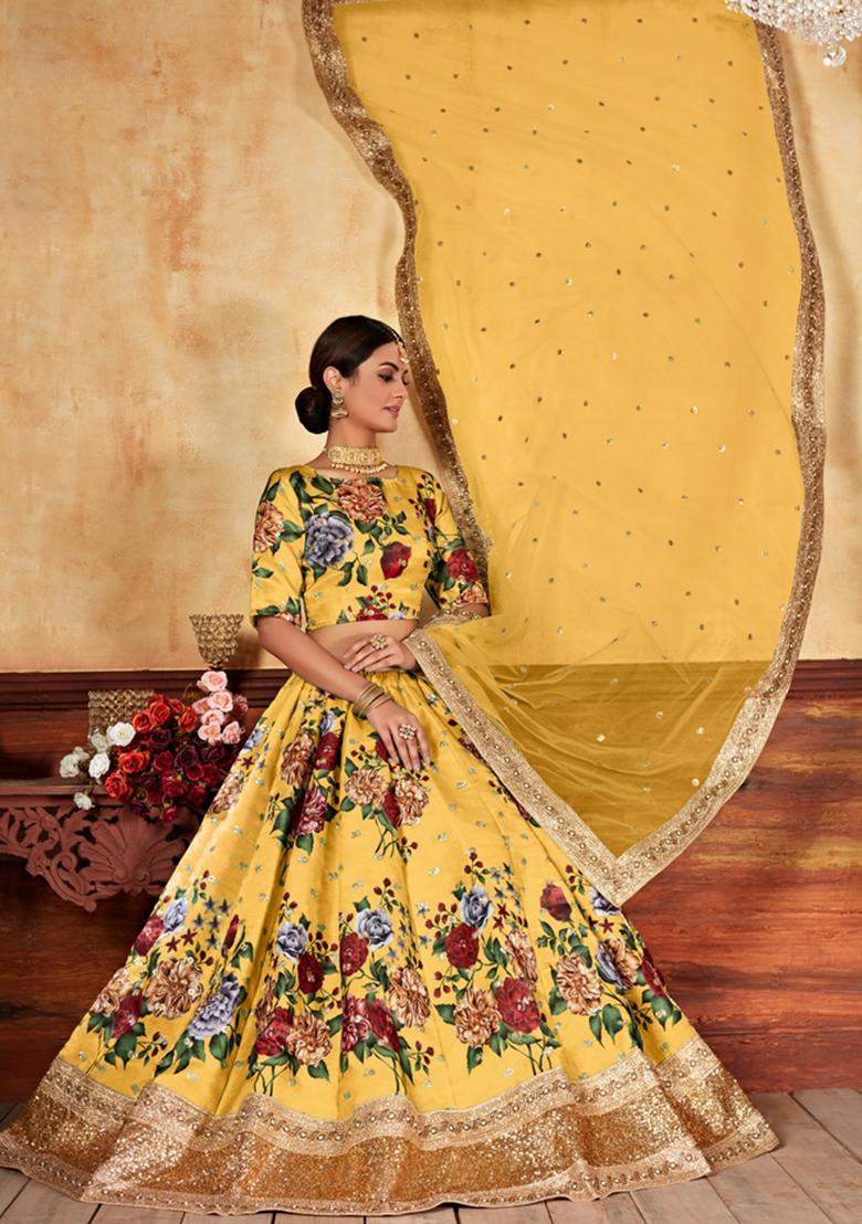 Yellow Digital Printed Silk Lehenga Set