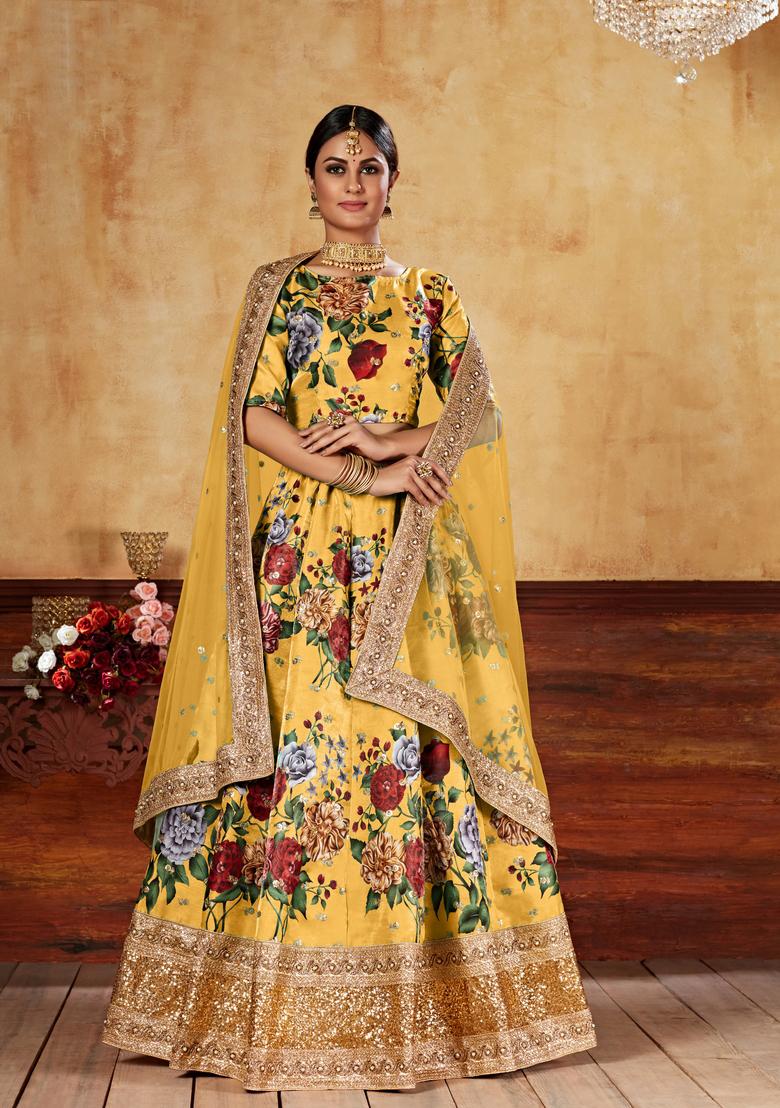 Yellow Digital Printed Silk Lehenga Set