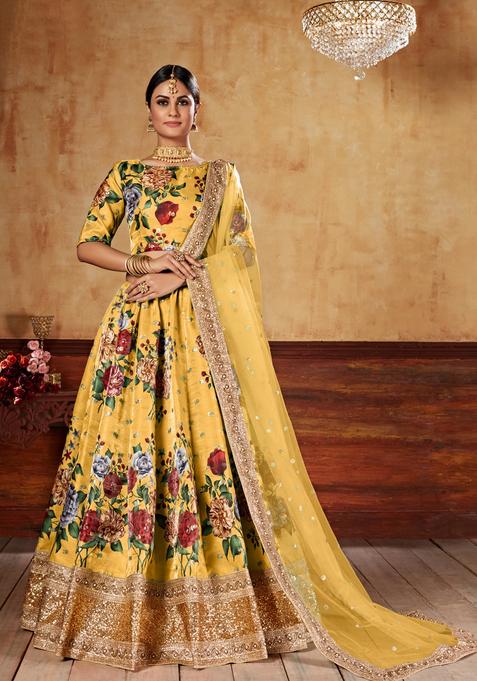 Yellow Digital Printed Silk Lehenga Set