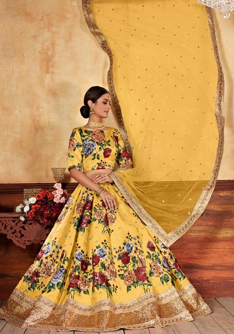 Yellow Digital Printed Silk Lehenga Set
