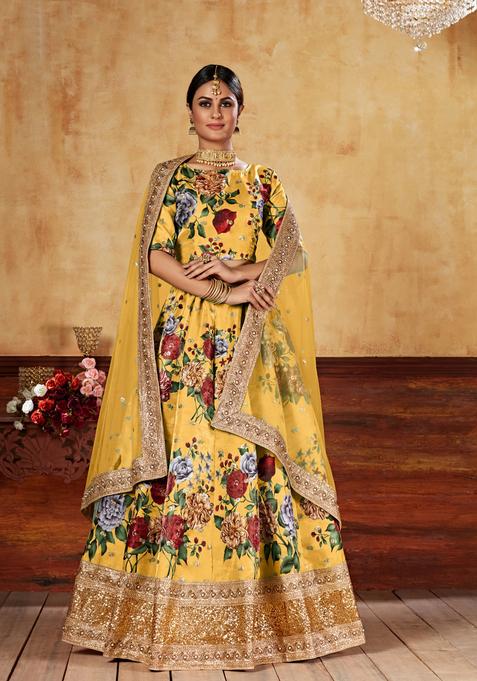 Yellow Digital Printed Silk Lehenga Set