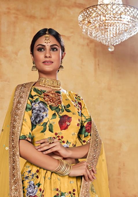 Yellow Digital Printed Silk Lehenga Set