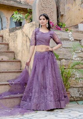 Lavender Embroidery Work Net Lehenga Set