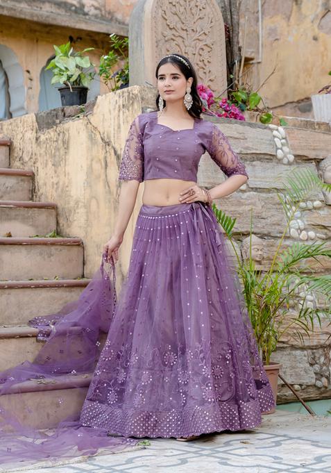 Lavender Embroidery Work Net Lehenga Set