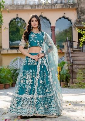 Rama Embroidery Work Net Lehenga Set