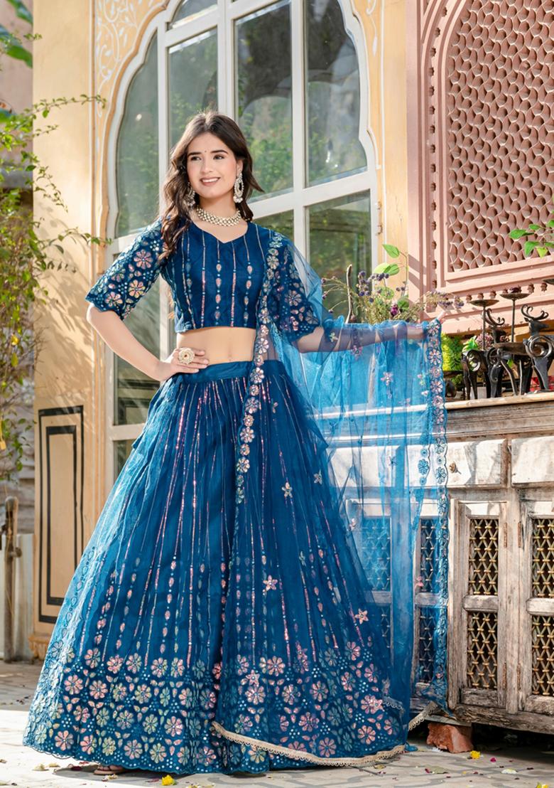 Teal Blue Embroidery Work Net Lehenga Set