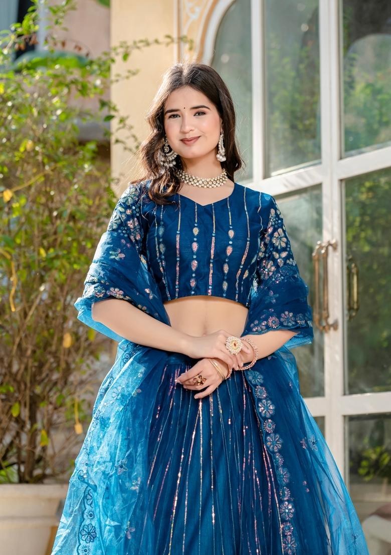 Teal Blue Embroidery Work Net Lehenga Set