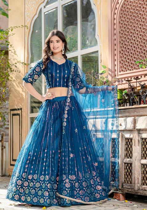 Teal Blue Embroidery Work Net Lehenga Set