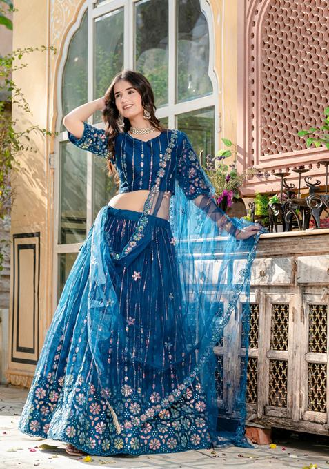 Teal Blue Embroidery Work Net Lehenga Set