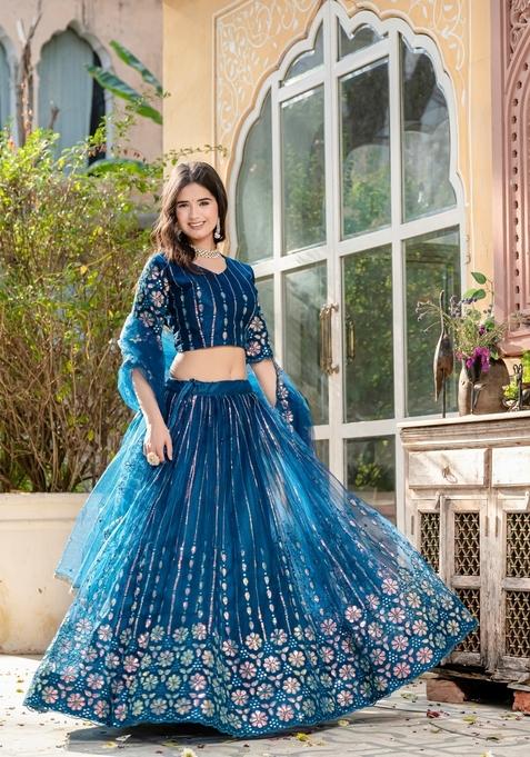 Teal Blue Embroidery Work Net Lehenga Set