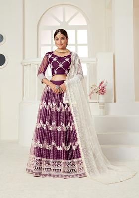 Wine Multi And Sequence Work Net Lehenga Set
