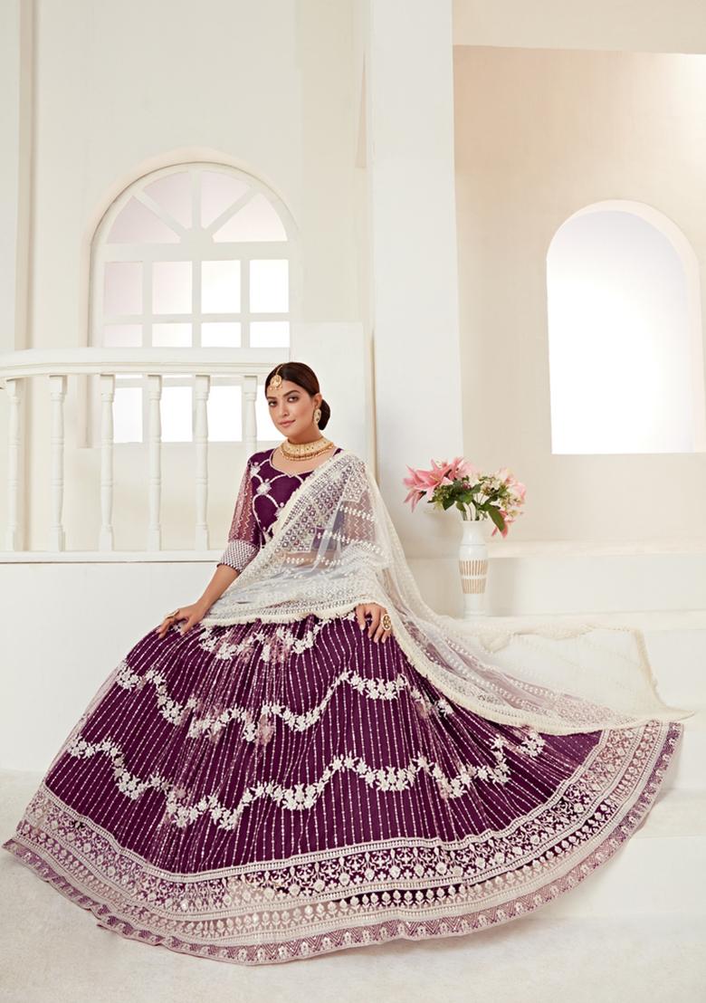 Wine Multi And Sequence Work Net Lehenga Set