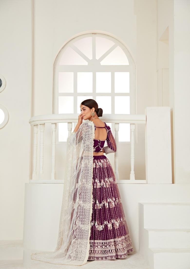 Wine Multi And Sequence Work Net Lehenga Set