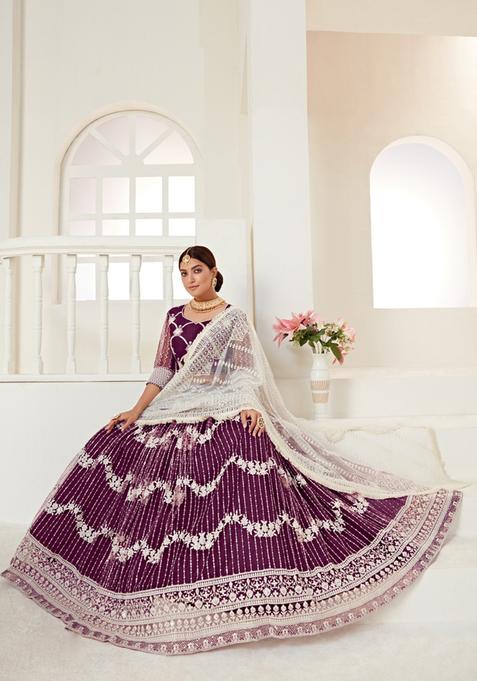 Wine Multi And Sequence Work Net Lehenga Set