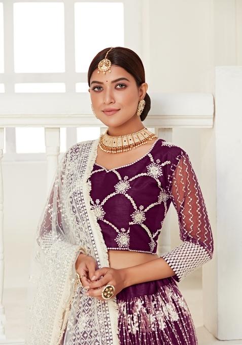 Wine Multi And Sequence Work Net Lehenga Set