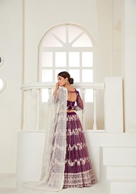 Wine Multi And Sequence Work Net Lehenga Set