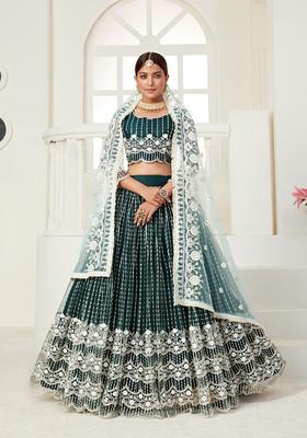 Green Multi And Sequence Work Net Lehenga Set