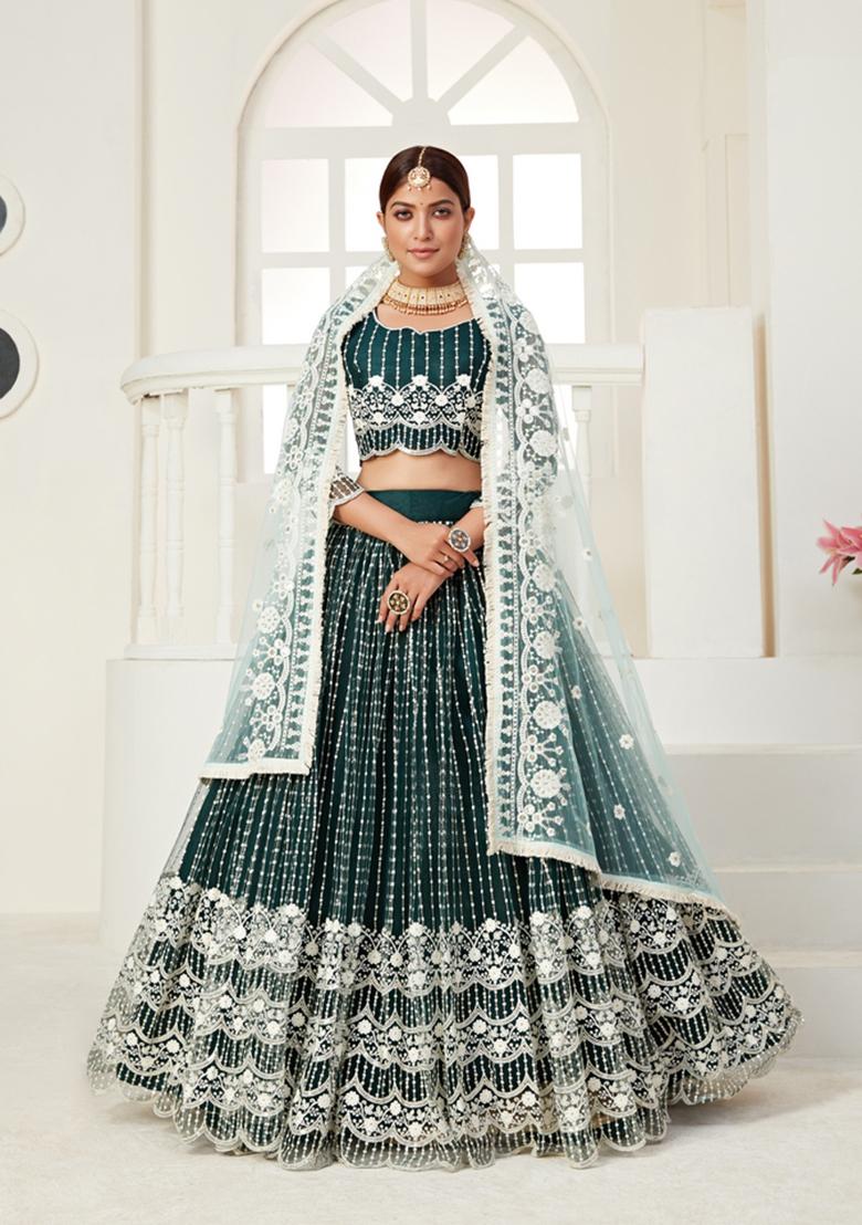 Green Multi And Sequence Work Net Lehenga Set