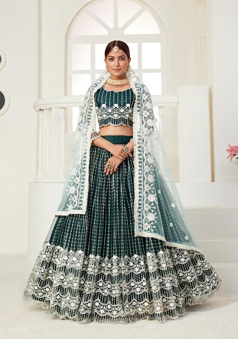 Green Multi And Sequence Work Net Lehenga Set