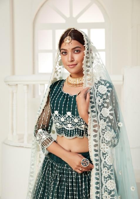 Green Multi And Sequence Work Net Lehenga Set