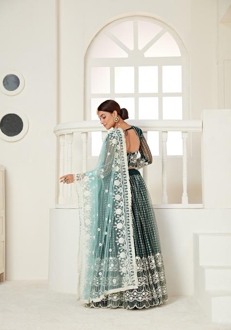 Green Multi And Sequence Work Net Lehenga Set