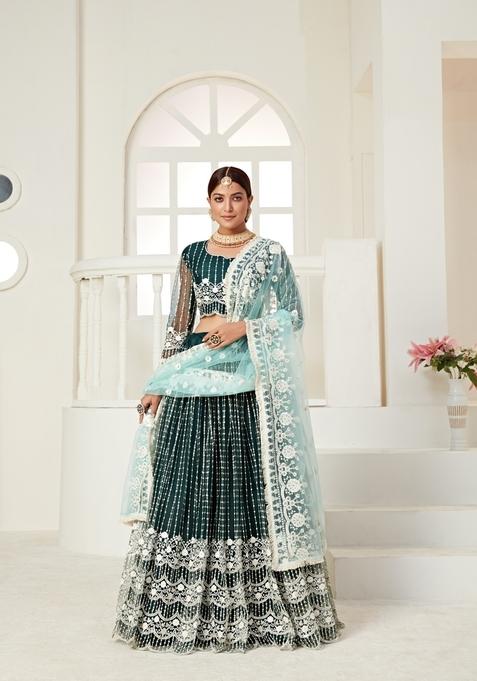 Green Multi And Sequence Work Net Lehenga Set