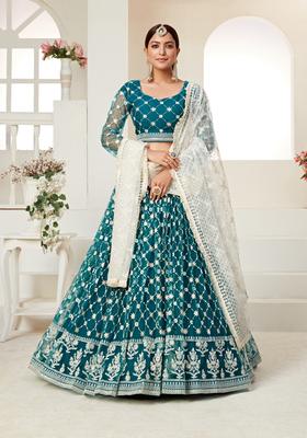 Teal Green Multi And Sequence Work Net Lehenga Set