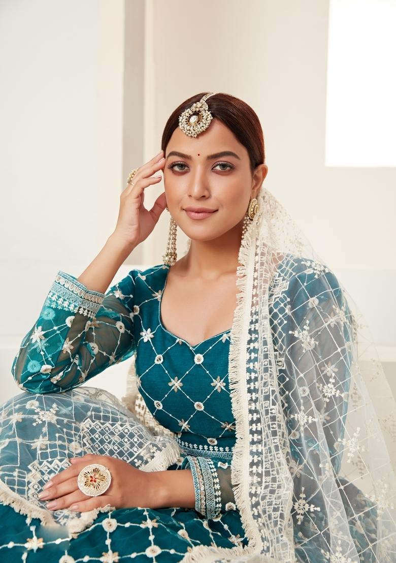 Teal Green Multi And Sequence Work Net Lehenga Set