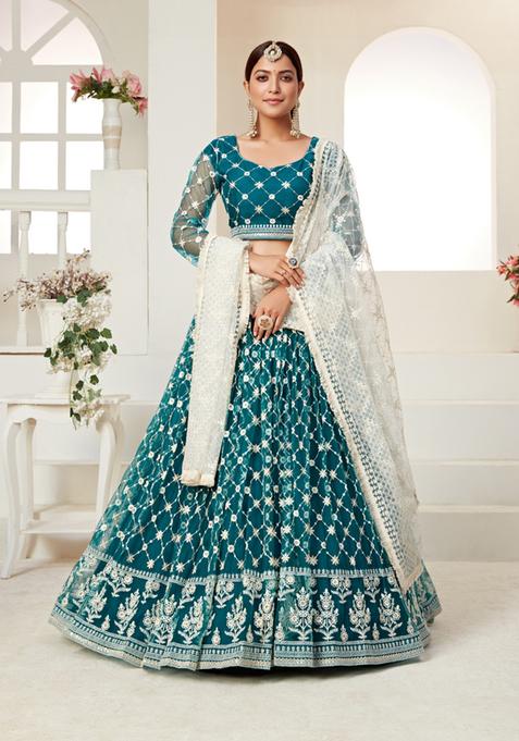 Teal Green Multi And Sequence Work Net Lehenga Set