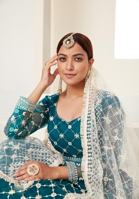 Teal Green Multi And Sequence Work Net Lehenga Set