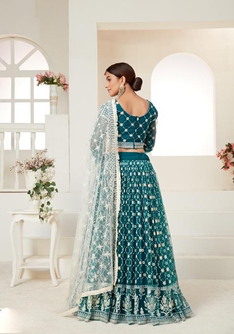 Teal Green Multi And Sequence Work Net Lehenga Set