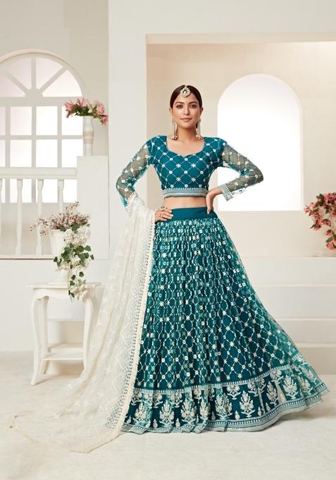 Teal Green Multi And Sequence Work Net Lehenga Set