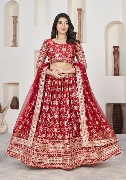 Red Embroidery Work Dola Jacquard Lehenga Set