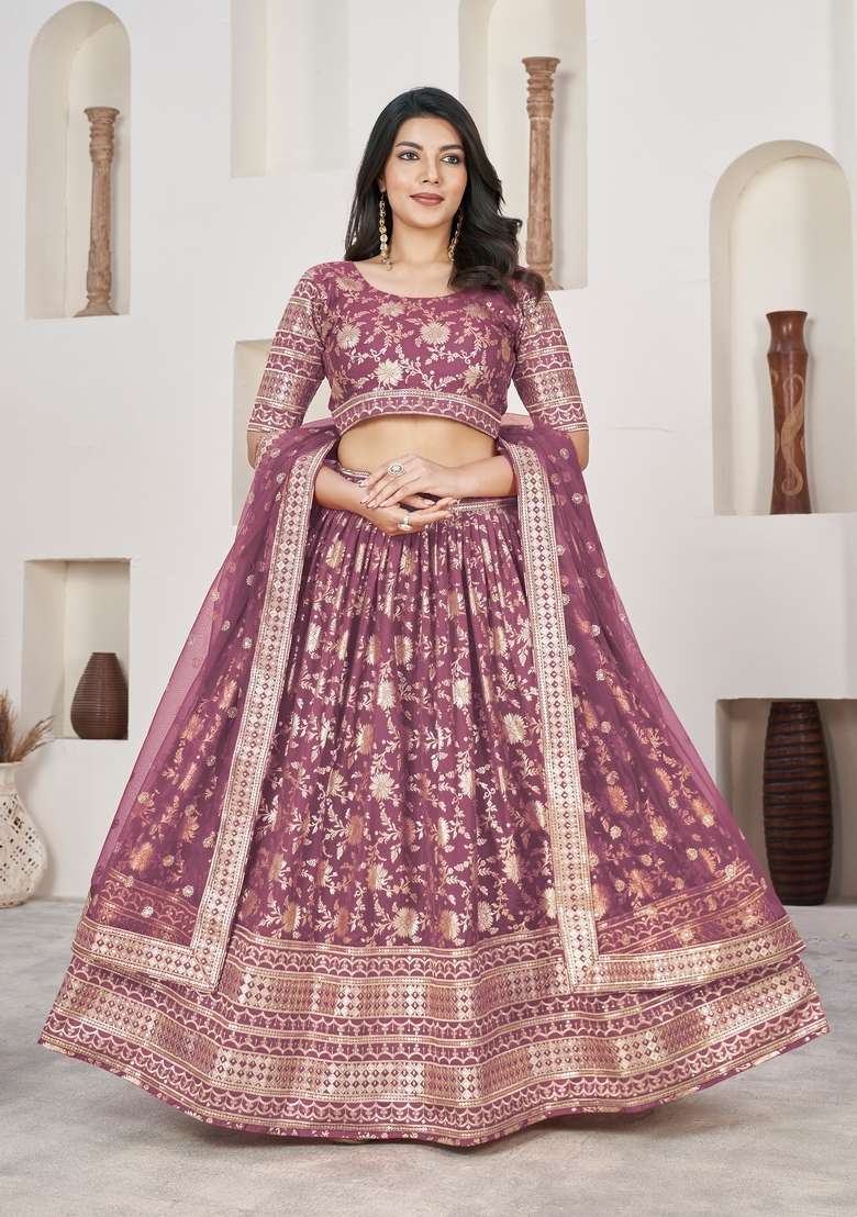 Rosy Brown Embroidery Work Dola Jacquard Lehenga Set for Diwali and Festive Wear - Indya
